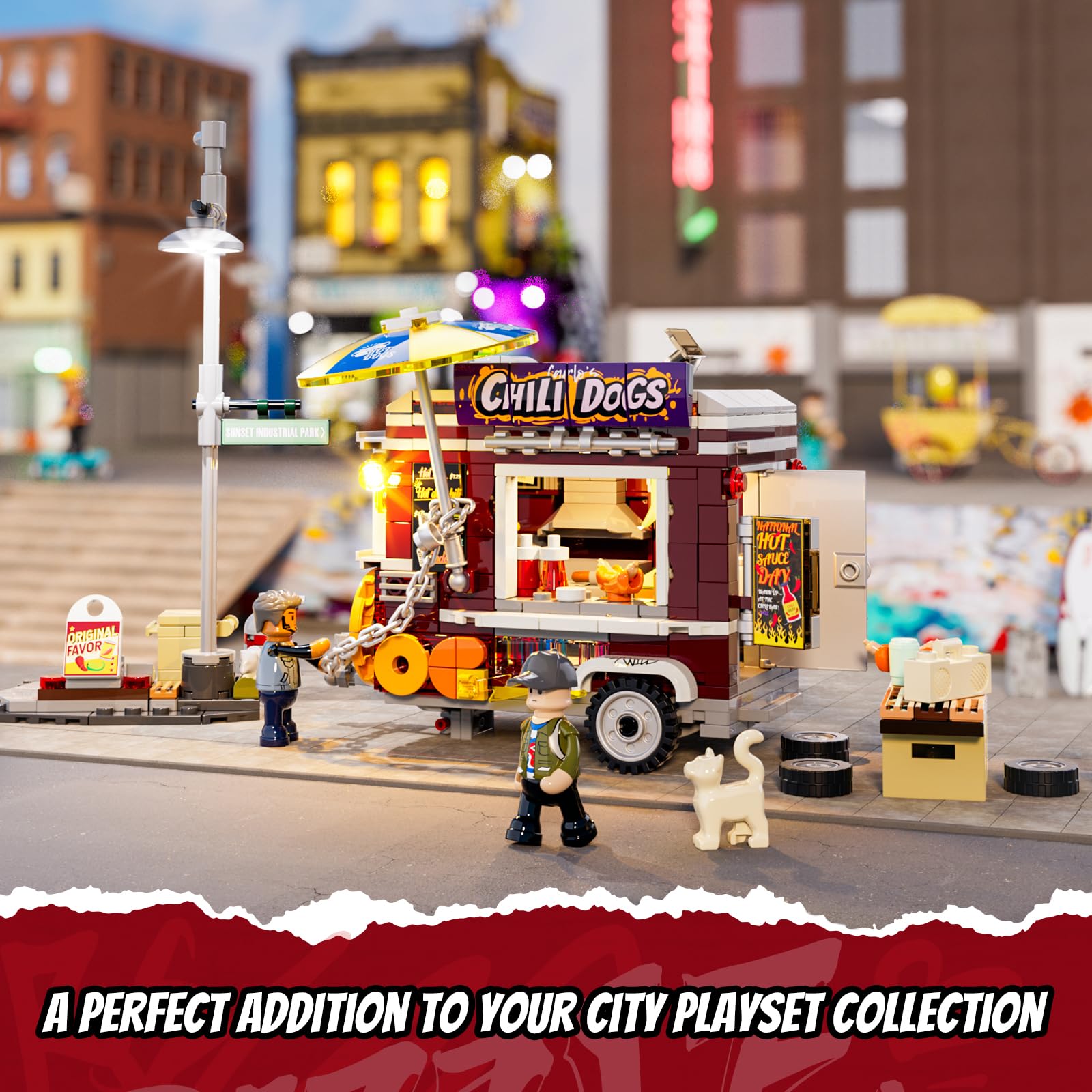 FUNWHOLE Chili Dog Trailer Lighting Building Bricks Set - Street Fusion City Town Hot Food Truck with LED Light Display Kit 515 Pcs for Adults & Teens & Street Cultrue Lovers - Image 5