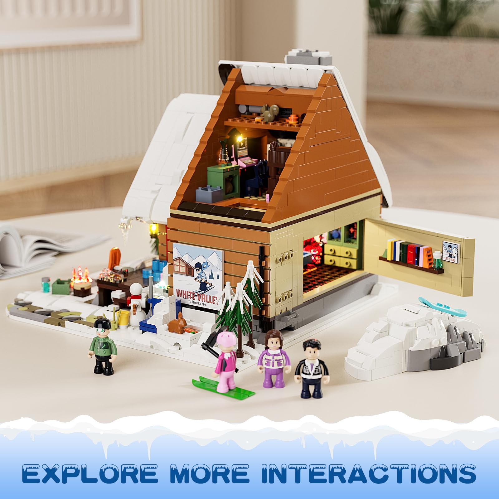 FUNWHOLE Christmas Ski-Cabin Lighting Building-Bricks-Set - Retro Christmas Winter Snow House Collection LED Light Building Construction Holiday Model Set 2187 Pcs for Adults and Teen - Image 5