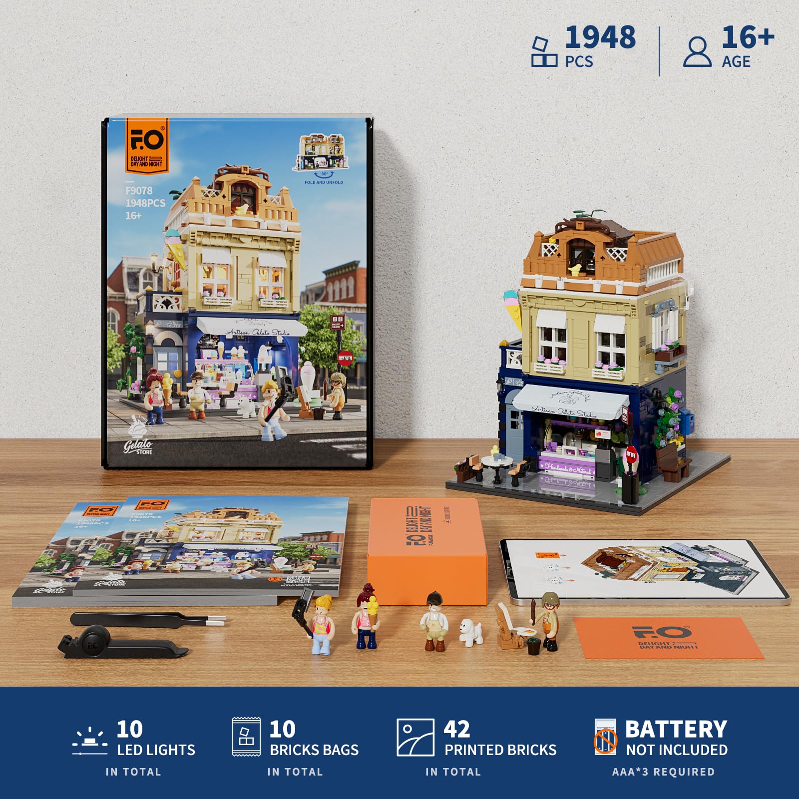 FUNWHOLE Gelato-Store Lighting Building-Bricks Set - City Town Ice Cream Shop LED Light Modular Collection Kit 1948 Pcs Display Model for Adults and Dessert Lovers - Image 7