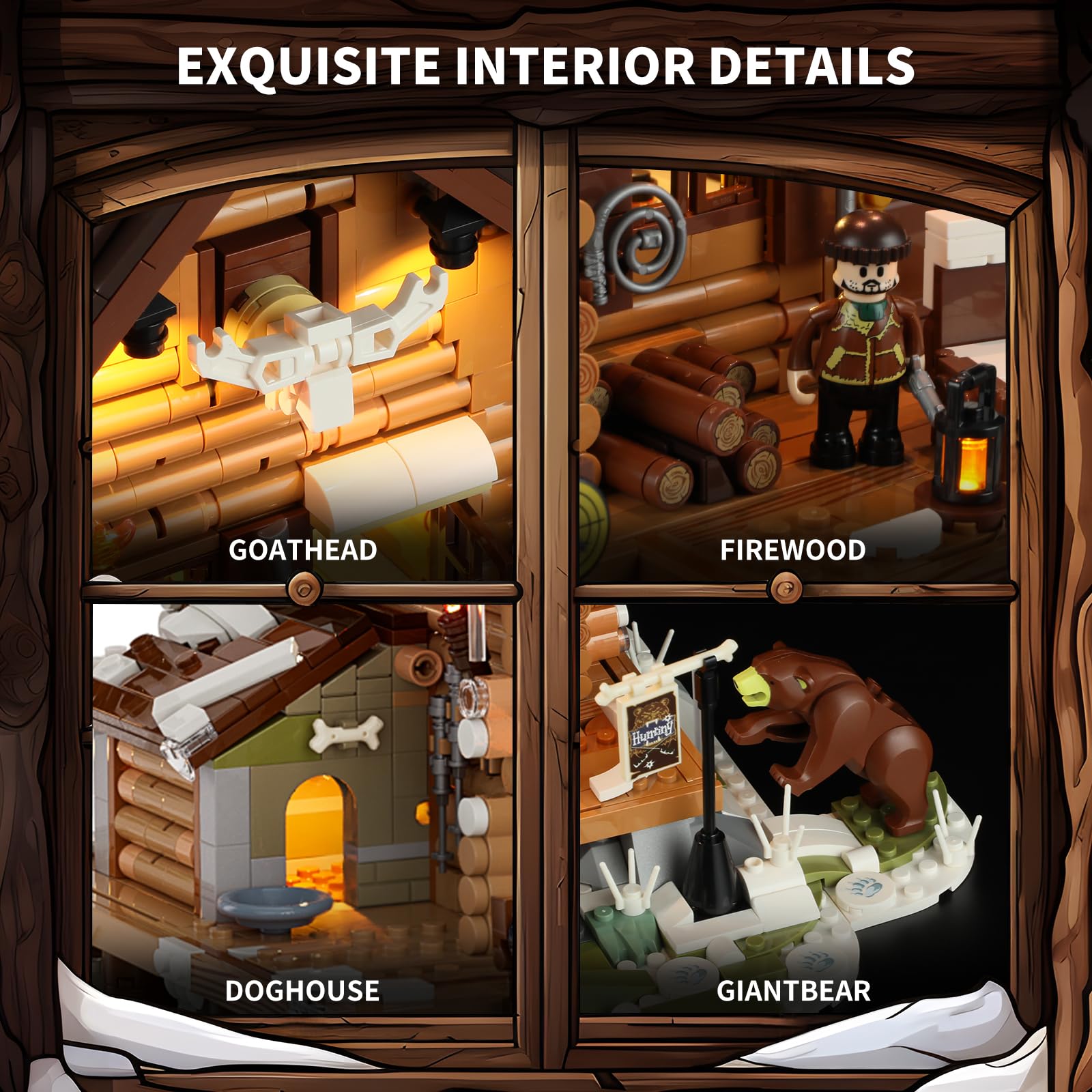 FUNWHOLE Hunting-Cabin Lighting Building-Bricks Set - Retro Wooden Cabin LED Light Construction Building Model Set 2036 Pcs for Adults and Teen - Image 3