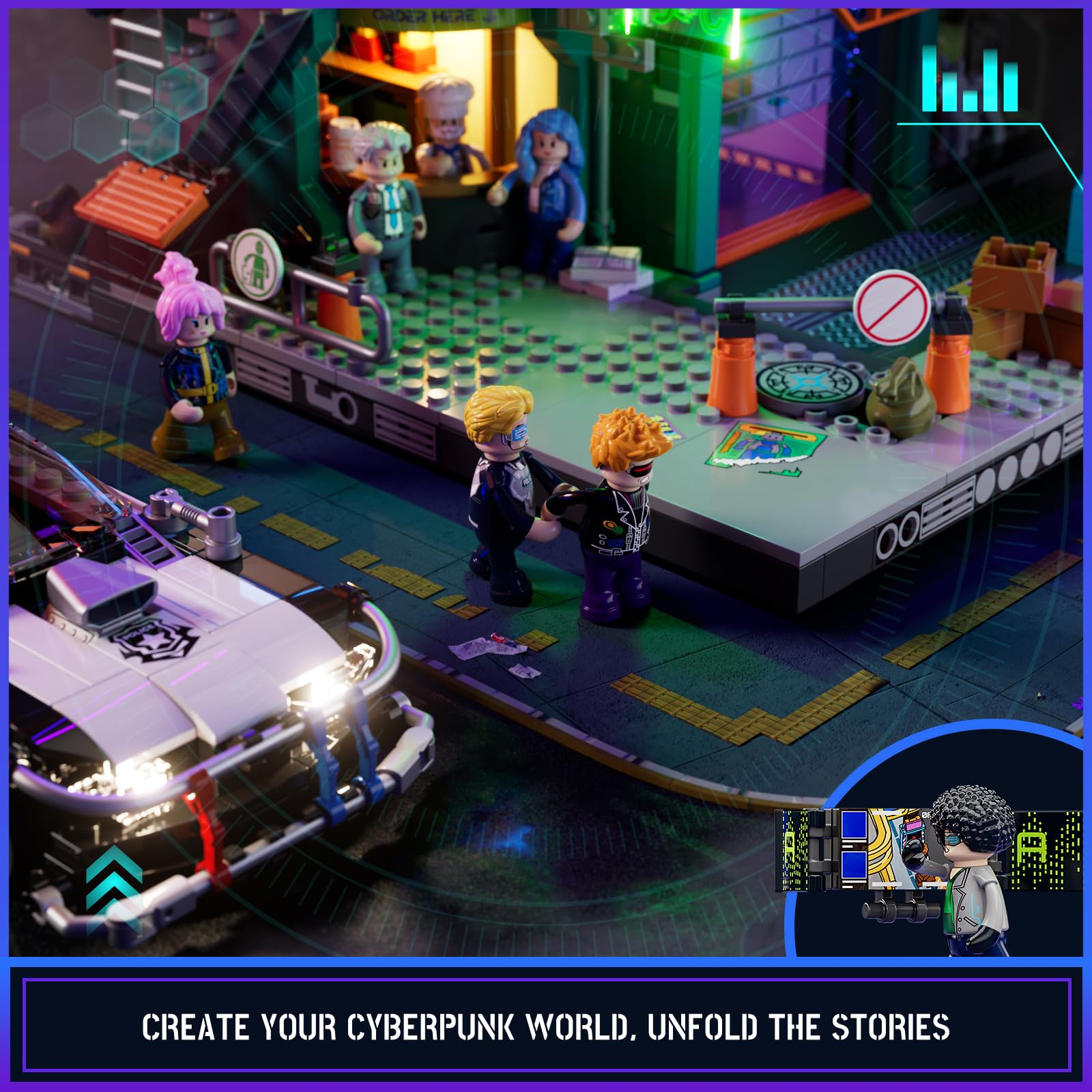 FUNWHOLE Police Patrol Car Lighting Building-Bricks Set - Cyberpunk City Car Chase Playkit with Officer 372 Pcs STEM Toys - Image 6