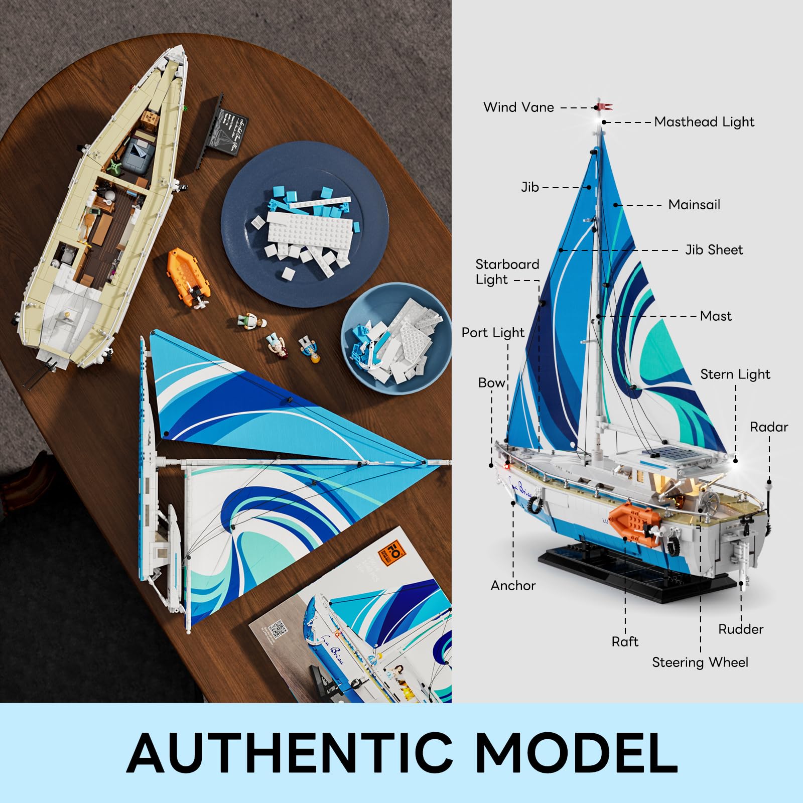 FUNWHOLE Sailboat La Brisa Lighting Building-Bricks Set - City Yacht 1640 Pcs Collection Display Set for Adults and Technic Lovers - Image 3